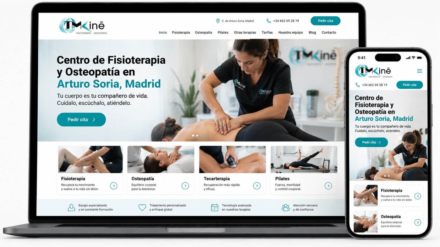 Mockup de la web de TMKiné, clínica de fisioterapia y osteopatía en Arturo Soria, Madrid, vista en ordenador y en móvil