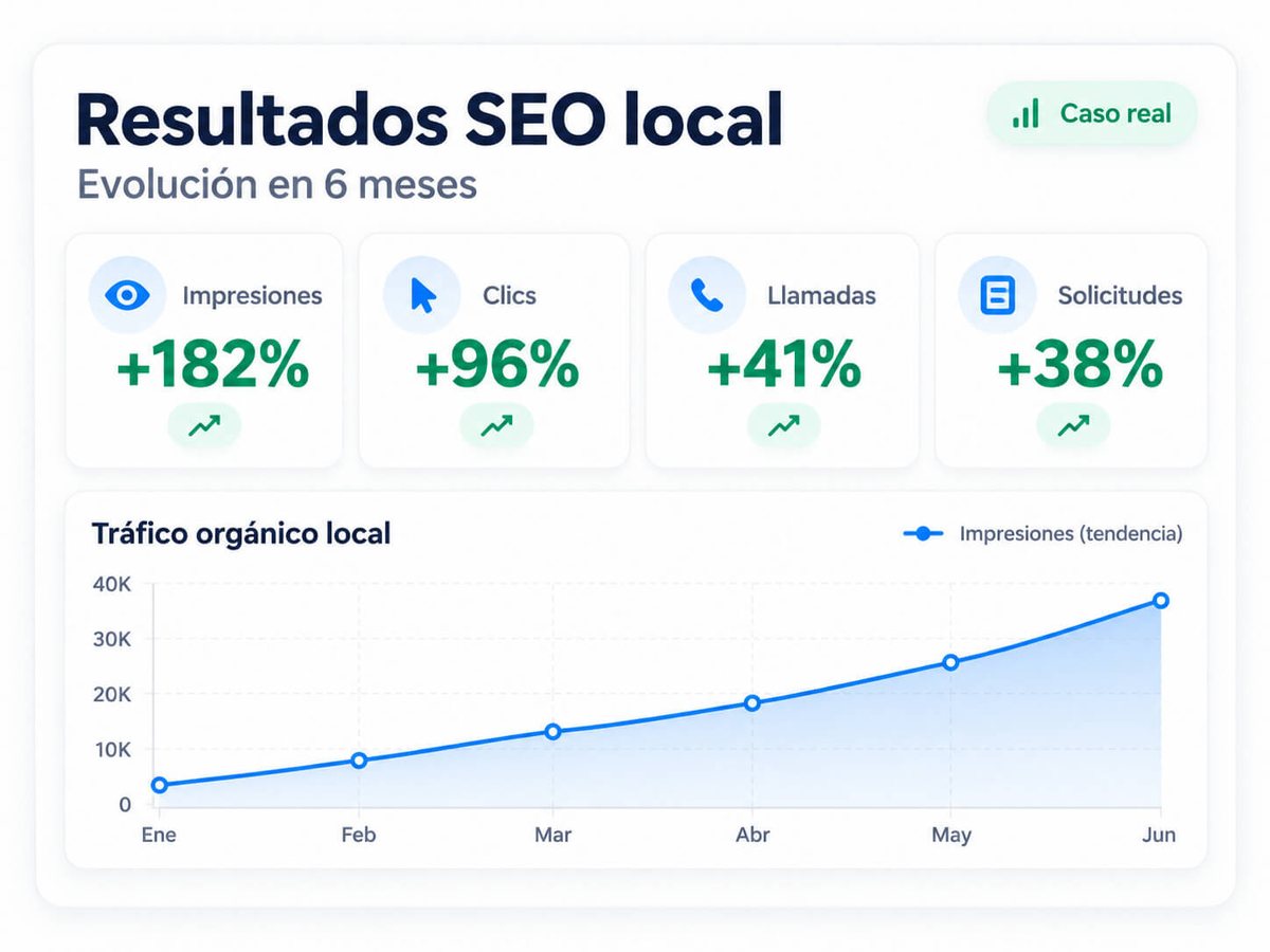 Resultados de SEO local de TMKiné en seis meses: impresiones +182 %, clics +96 %, llamadas +41 % y solicitudes +38 %, con una gráfica de tráfico orgánico local creciente de enero a junio